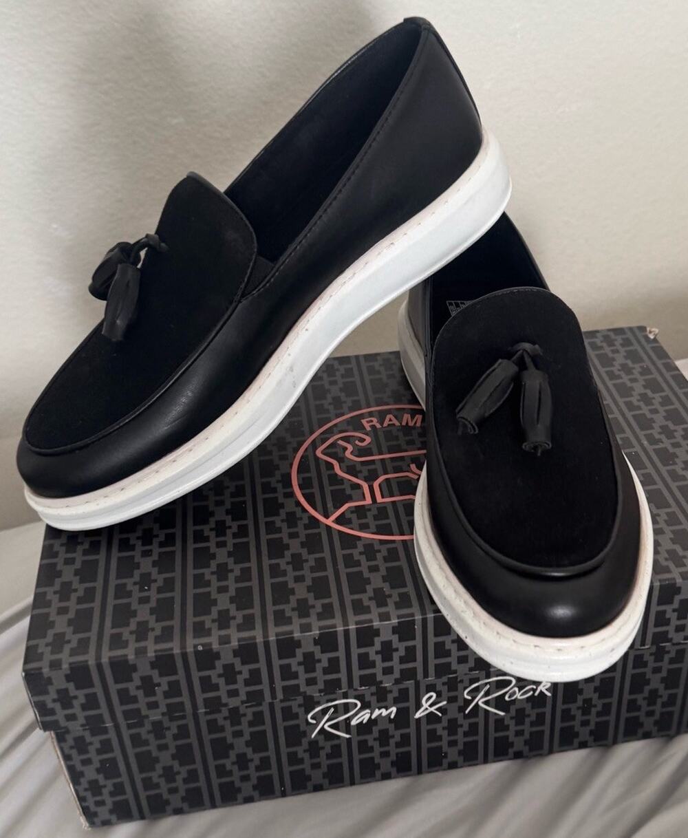 Ram & Rock Mens Size 9 Black & White Tassel Loafers Slip On Dress Shoes NEW